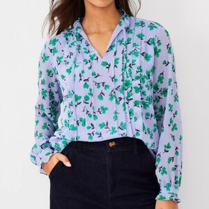 Ann Taylor Petite Floral Pintucked Ruffle Tie Neck Top